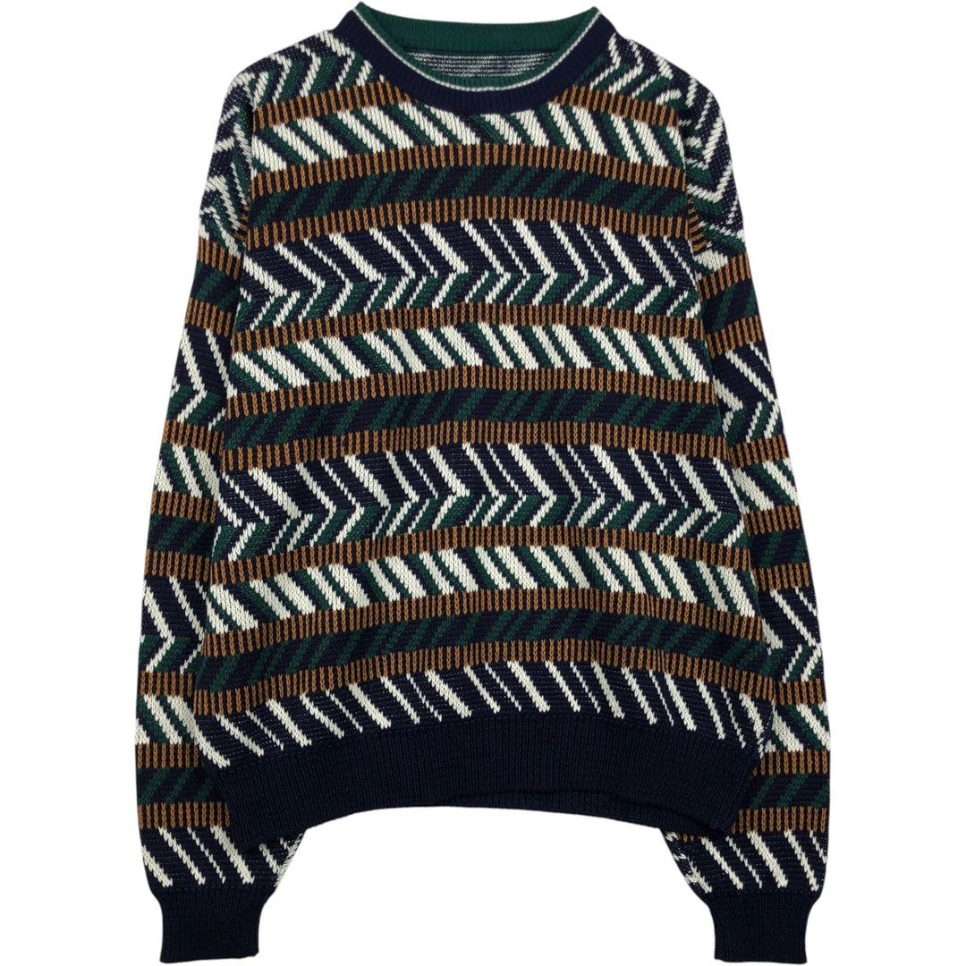 Multi-border, border pattern, geometric pattern cotton knit sweater, men's size XL equivalent. unclear green type Vintage Second Hand