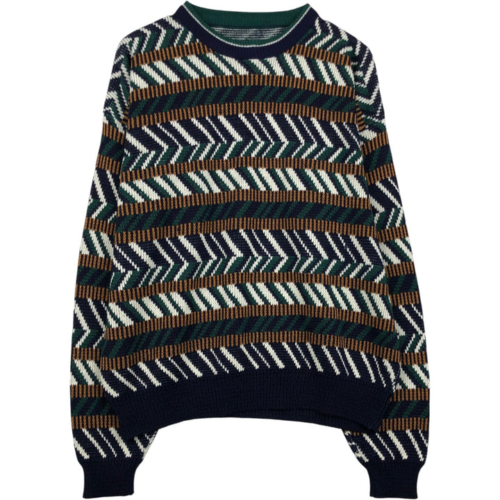Multi-border, border pattern, geometric pattern cotton knit sweater, men's size XL equivalent. unclear green type Vintage Second Hand