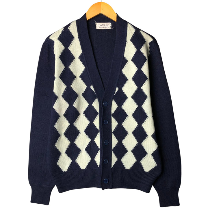 DAMON All-Over Diamond Pattern Knit Cardigan, Made in Italy, Men's Size Medium, Vintage unclear navy blue type Vintage Second Hand