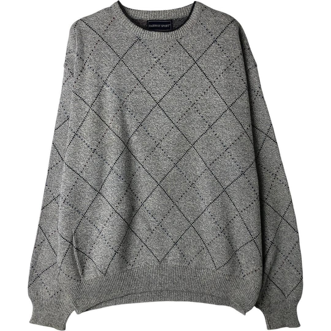 FAIRWAY SPORT Diamond Pattern Cotton Knit Sweater, Made in USA, Men's Size L cotton gray type Vintage Second Hand