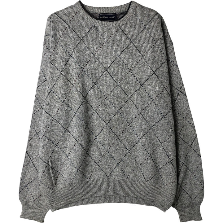 FAIRWAY SPORT Diamond Pattern Cotton Knit Sweater, Made in USA, Men's Size L cotton gray type Vintage Second Hand