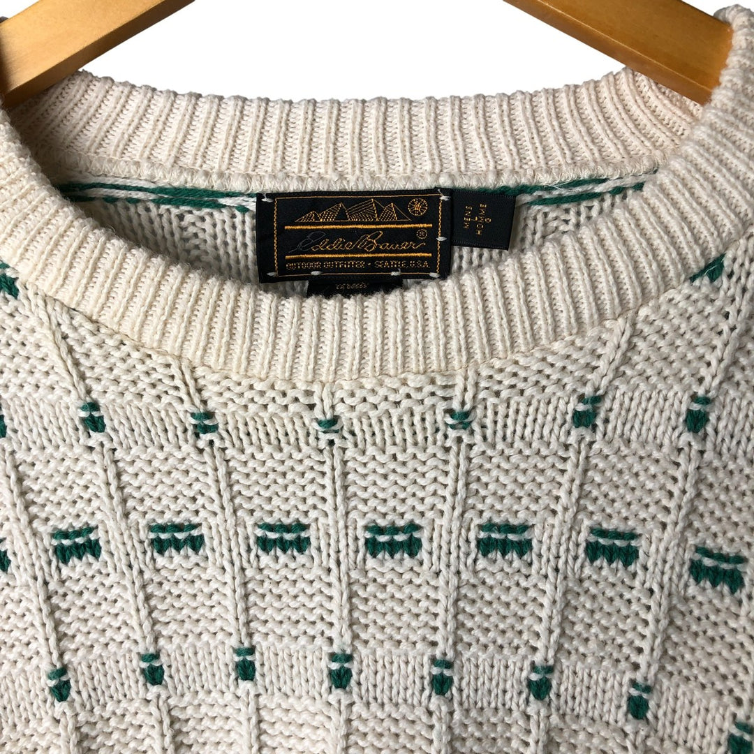 Eddie Bauer all-over print cotton knit sweater, made in the USA, men's size L cotton white type Vintage Second Hand