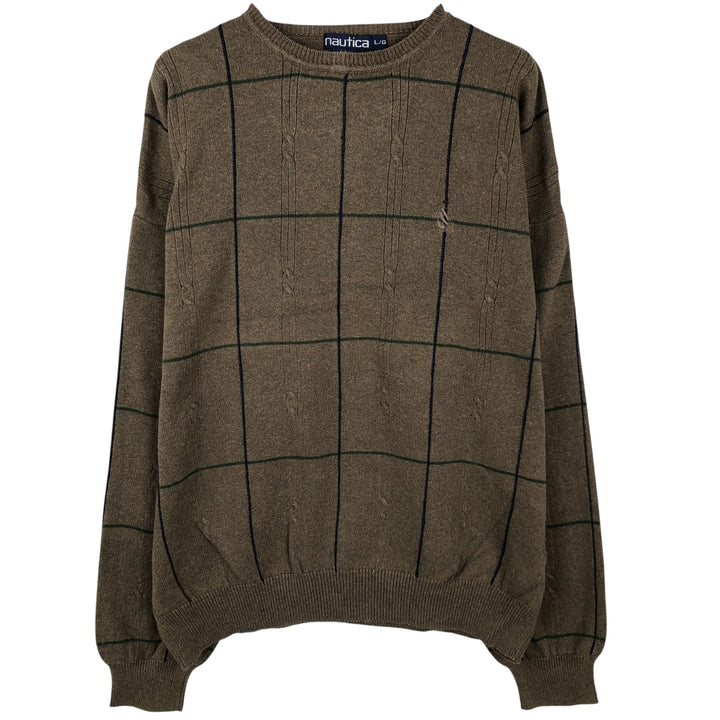 Vintage 90'S Nautica Check Pattern Cotton Knit Sweater, Men's Size L cotton Khaki type Vintage Second Hand