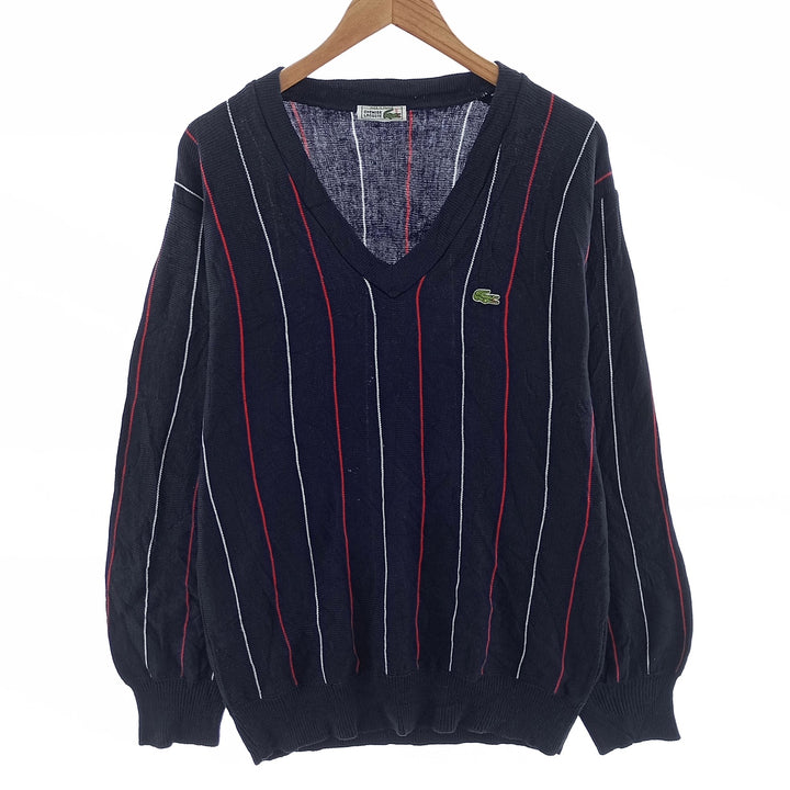 70'S Lacoste LACOSTE French Lacoste Stripe Pattern V-neck Wool Knit Sweater Made in France Men's L size /eaa401609