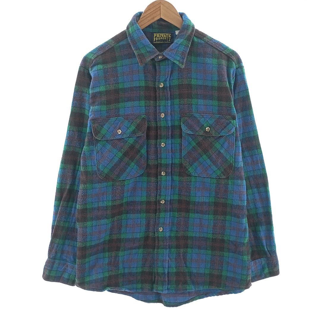 1980'S PRIVATE PROPERTY Long Sleeve Heavy Flannel Check Shirt, Made in USA, Men's Size L, Vintage cotton blue type Vintage Second Hand