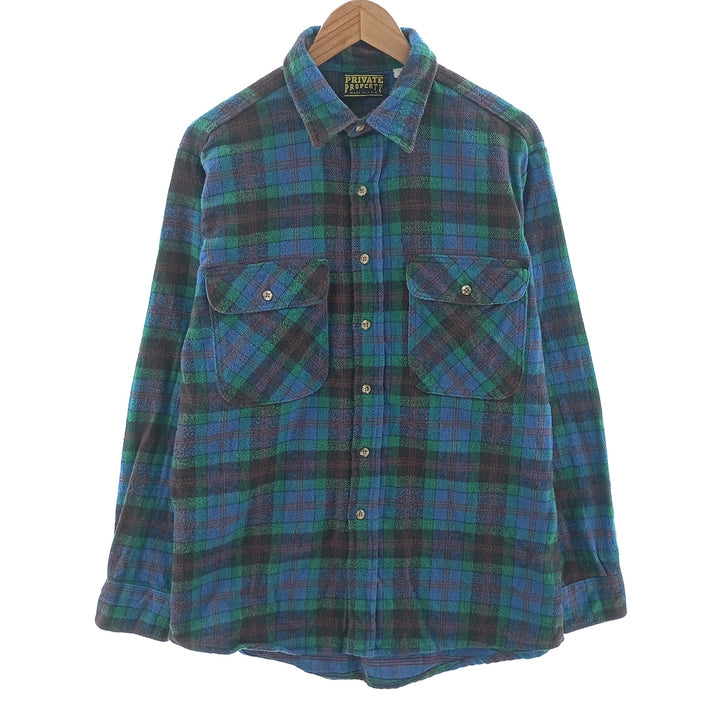 1980'S PRIVATE PROPERTY Long Sleeve Heavy Flannel Check Shirt, Made in USA, Men's Size L, Vintage cotton blue type Vintage Second Hand