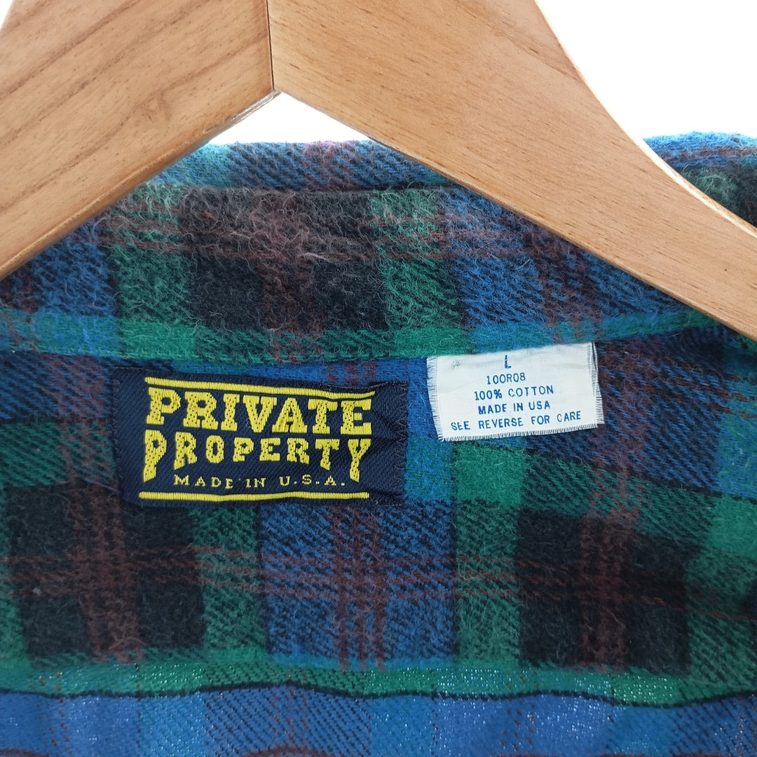 1980'S PRIVATE PROPERTY Long Sleeve Heavy Flannel Check Shirt, Made in USA, Men's Size L, Vintage cotton blue type Vintage Second Hand