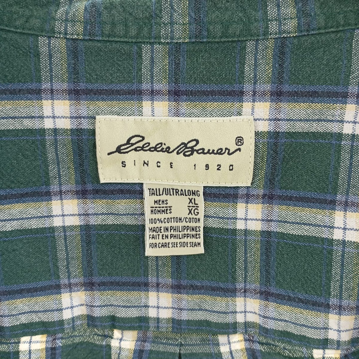 90'S Eddie Bauer long-sleeved button-down check shirt, men's size XL cotton green type Vintage Second Hand