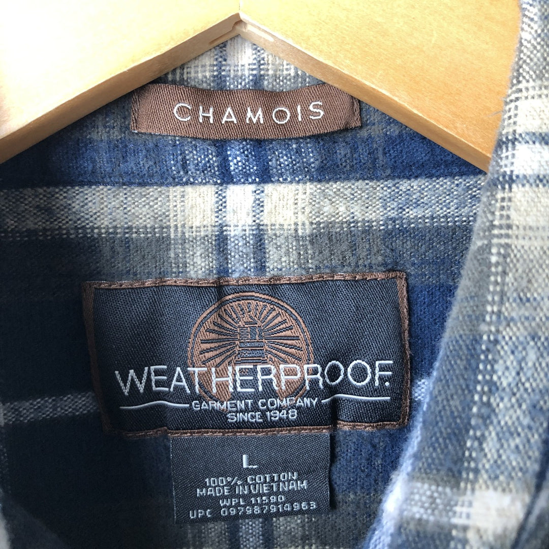 WEATHERPROOF GARMENT COMPANY Check Pattern Long Sleeve Chamois Cloth Shirt, Men's Size L cotton navy blue type Vintage Second Hand