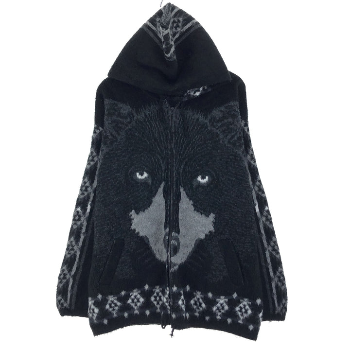 UNKNOWN All-over Wolf Pattern Hooded Wool Knit Cardigan Men's XXL Vintage /eaa406576