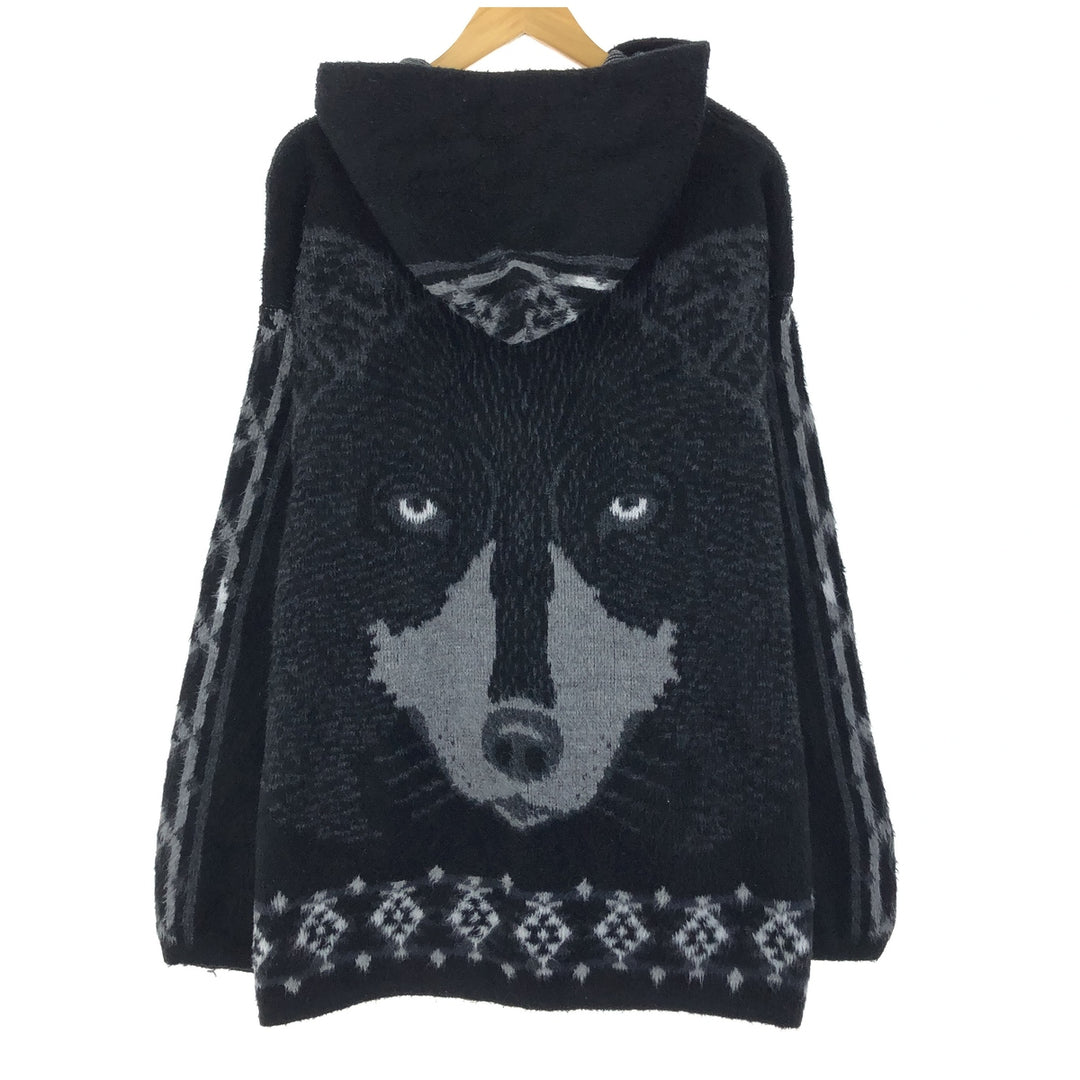 UNKNOWN All-over Wolf Pattern Hooded Wool Knit Cardigan Men's XXL Vintage /eaa406576