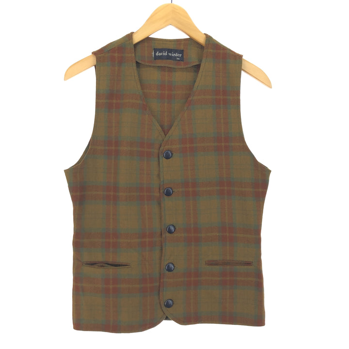 80'S david winter check pattern open front wool vest men's small vintage /eaa406895