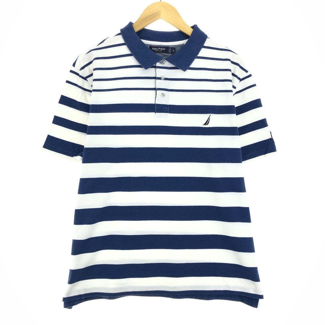 00'S NAUTICA Multi-border short sleeve striped polo shirt for men, XXL cotton white type Vintage Second Hand