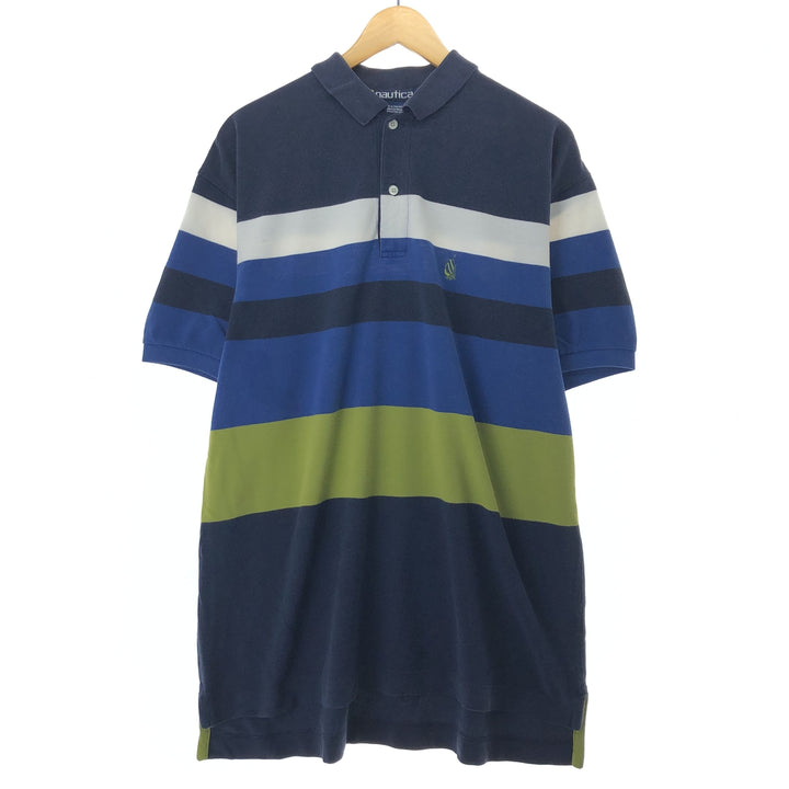 90'S NAUTICA Short Sleeve Striped Polo Shirt Men's XL Vintage cotton navy blue type Vintage Second Hand
