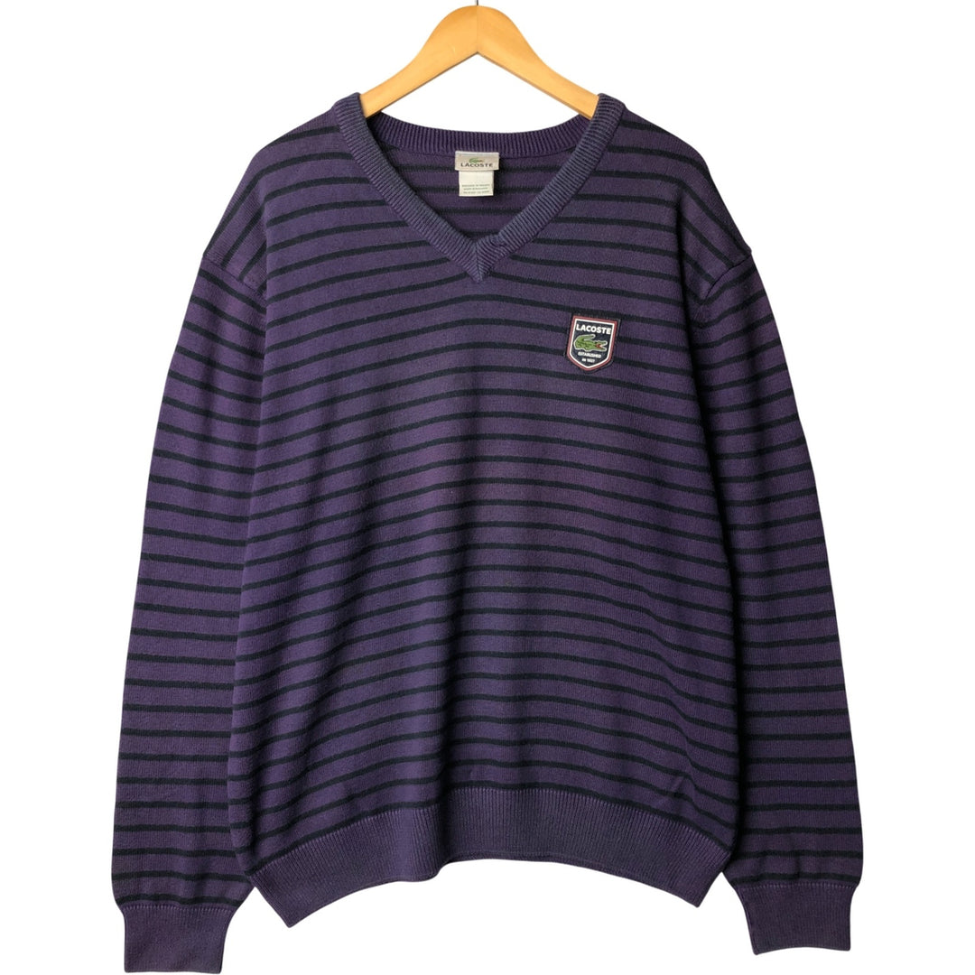 Lacoste Striped V-Neck Cotton Knit Sweater, Size 7, Men's XXL cotton purple type Vintage Second Hand