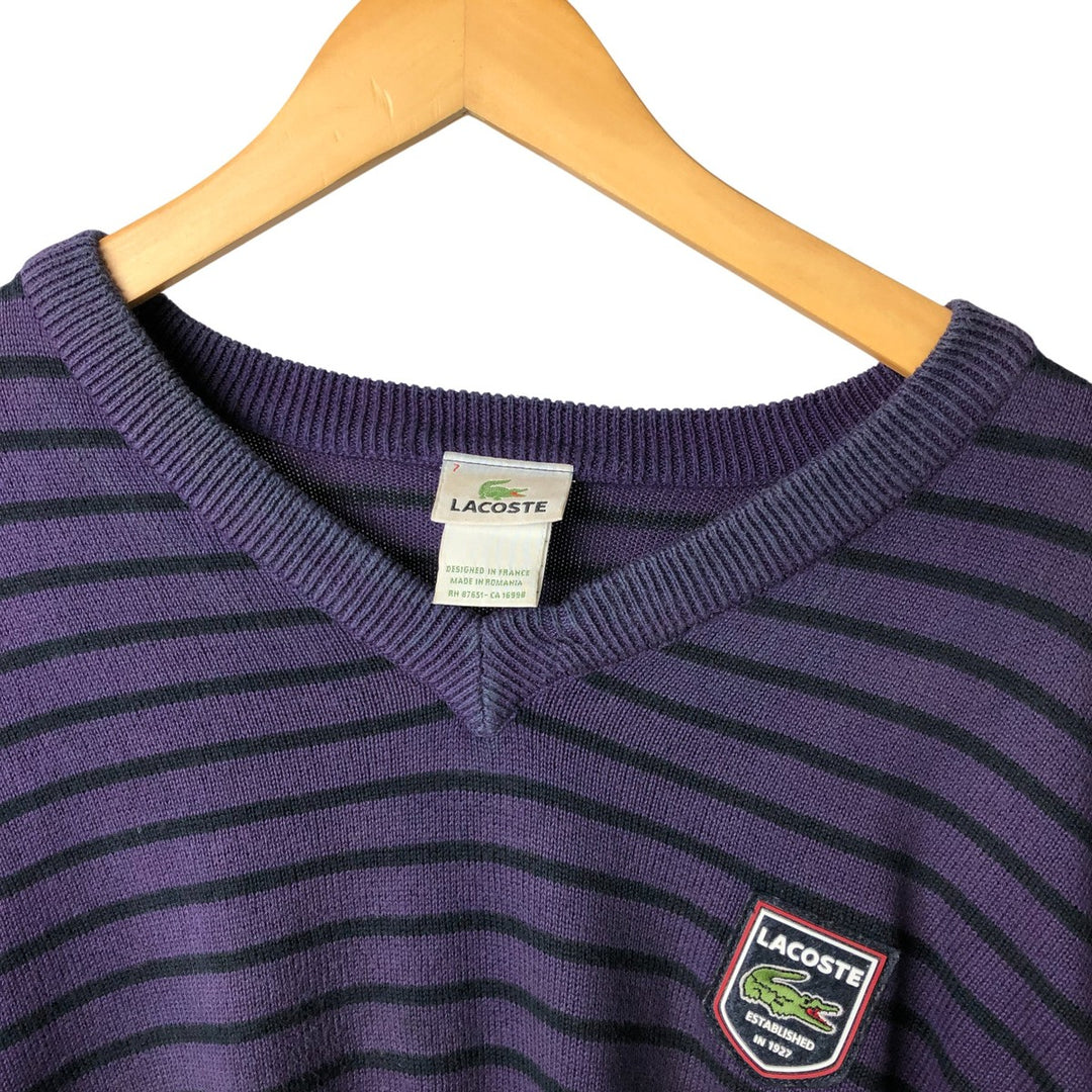 Lacoste Striped V-Neck Cotton Knit Sweater, Size 7, Men's XXL cotton purple type Vintage Second Hand