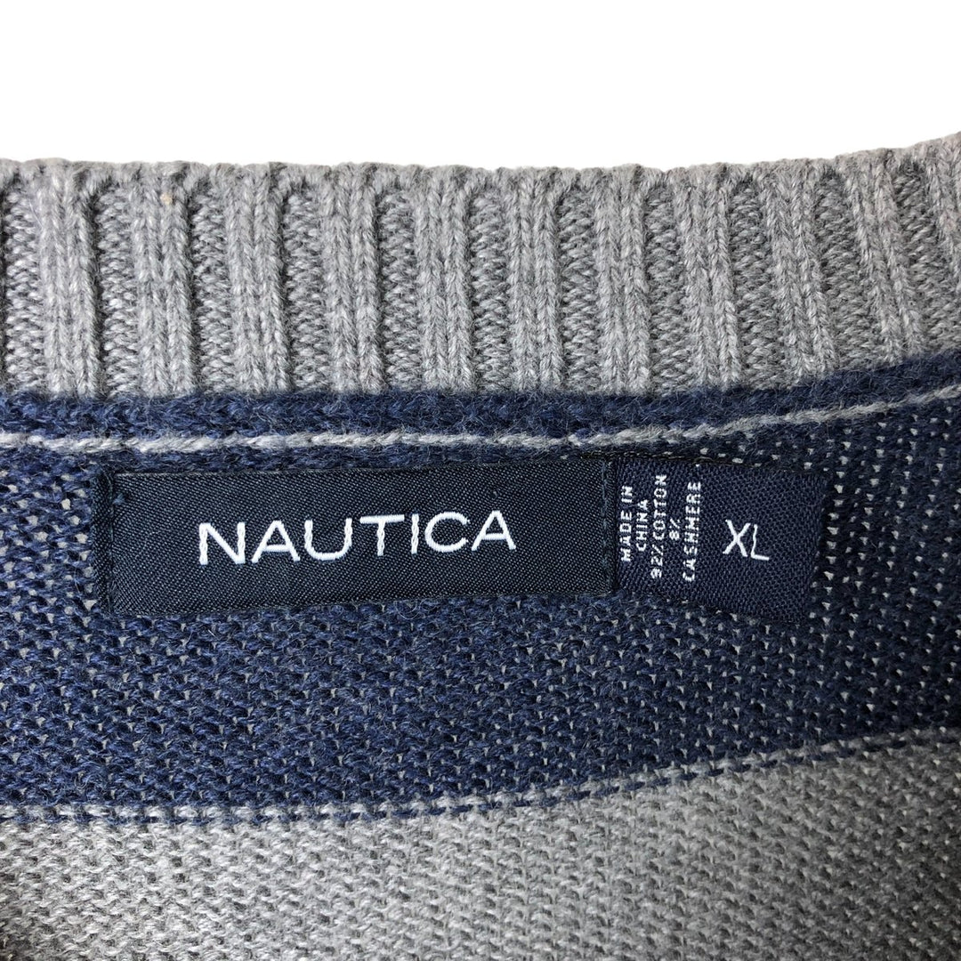 2000'S - NAUTICA Striped Pattern Cashmere Blend Cotton Knit Sweater, Men's XL cotton gray type Vintage Second Hand