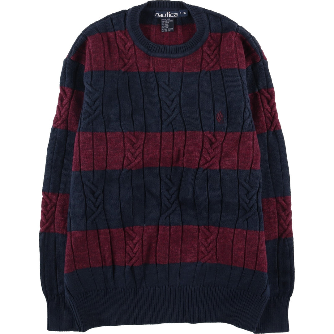 Vintage 90'S Nautica striped cotton knit sweater, size L, men's cotton wine-red Vintage Second Hand