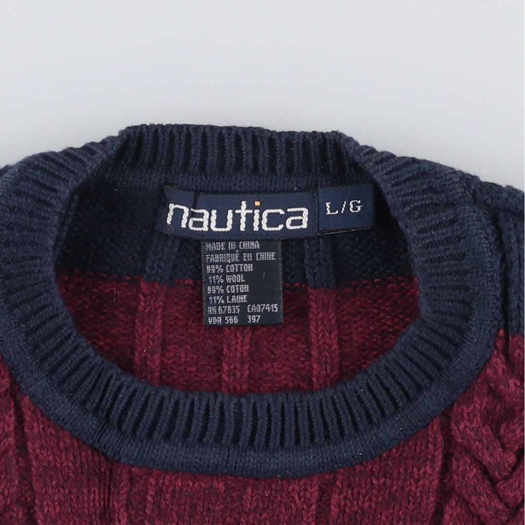 Vintage 90'S Nautica striped cotton knit sweater, size L, men's cotton wine-red Vintage Second Hand