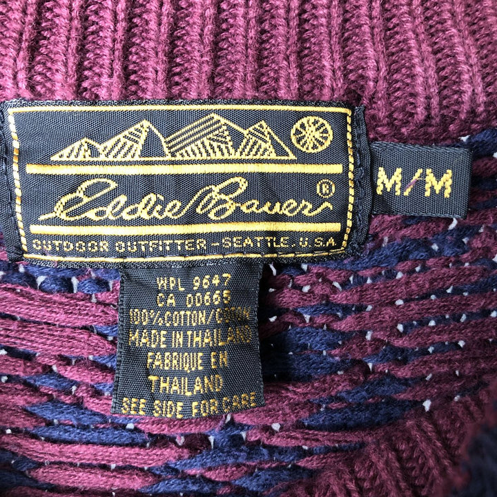 Eddie Bauer Fair Isle Pattern High Neck Cotton Knit Sweater, Men's Size Medium cotton red type reddish brown Vintage Second Hand