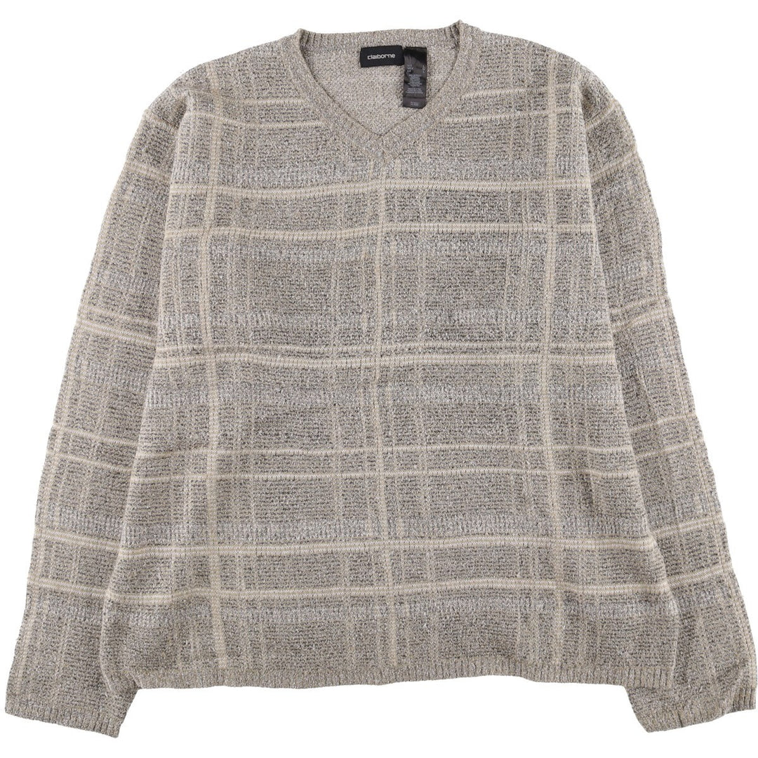 Liz Claiborne Check Pattern V-Neck Acrylic Knit Sweater, Men's Size L acrylic Beige type Vintage Second Hand