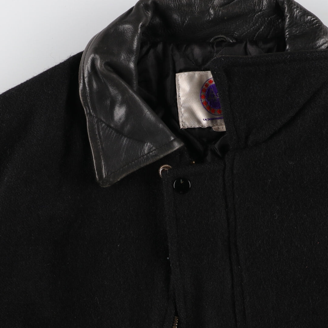 All black AJ WEAR Collared Leather Sleeve Wool Varsity Jacket Award Jacket Varsity Jacket Made in Canada Men's S /eaa412708