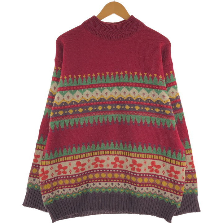 90'S Benetton Fair Isle Pattern High Neck Wool Knit Sweater Made in Italy Men's L Size Vintage /eaa413141