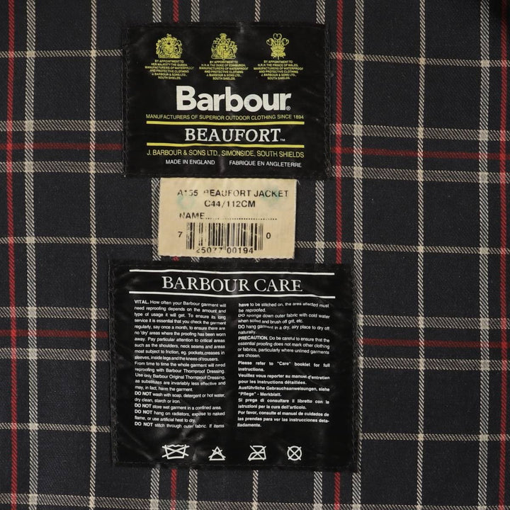 1990'S Barbour Beaufort 3 Warrant Oiled Hunting Jacket, Made in England, C44, Men's Size L cotton Charcoal Vintage Second Hand