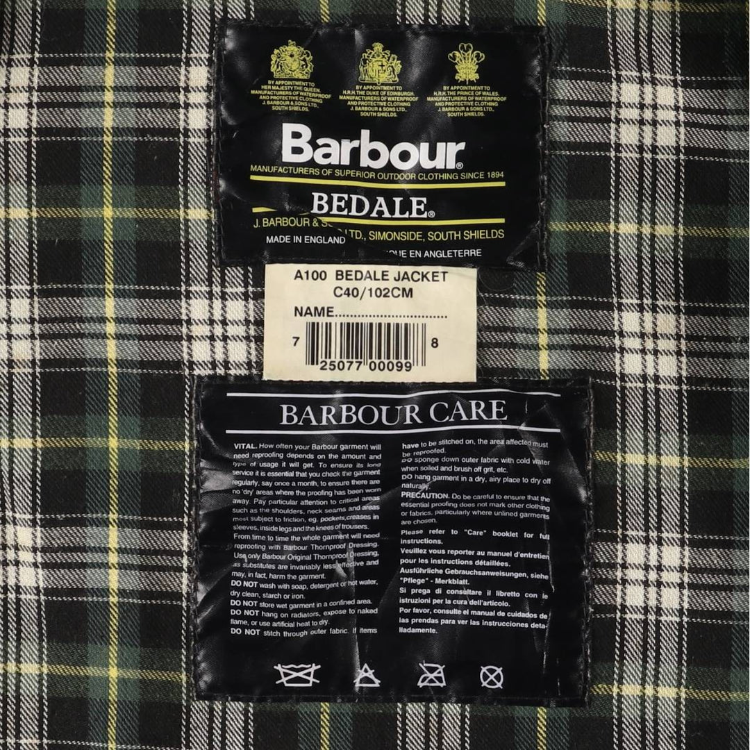 1990'S Barbour Bedale (formerly 3 Warrant) waxed cotton oiled jacket, made in England, C40, men's size M cotton Khaki type Vintage Second Hand