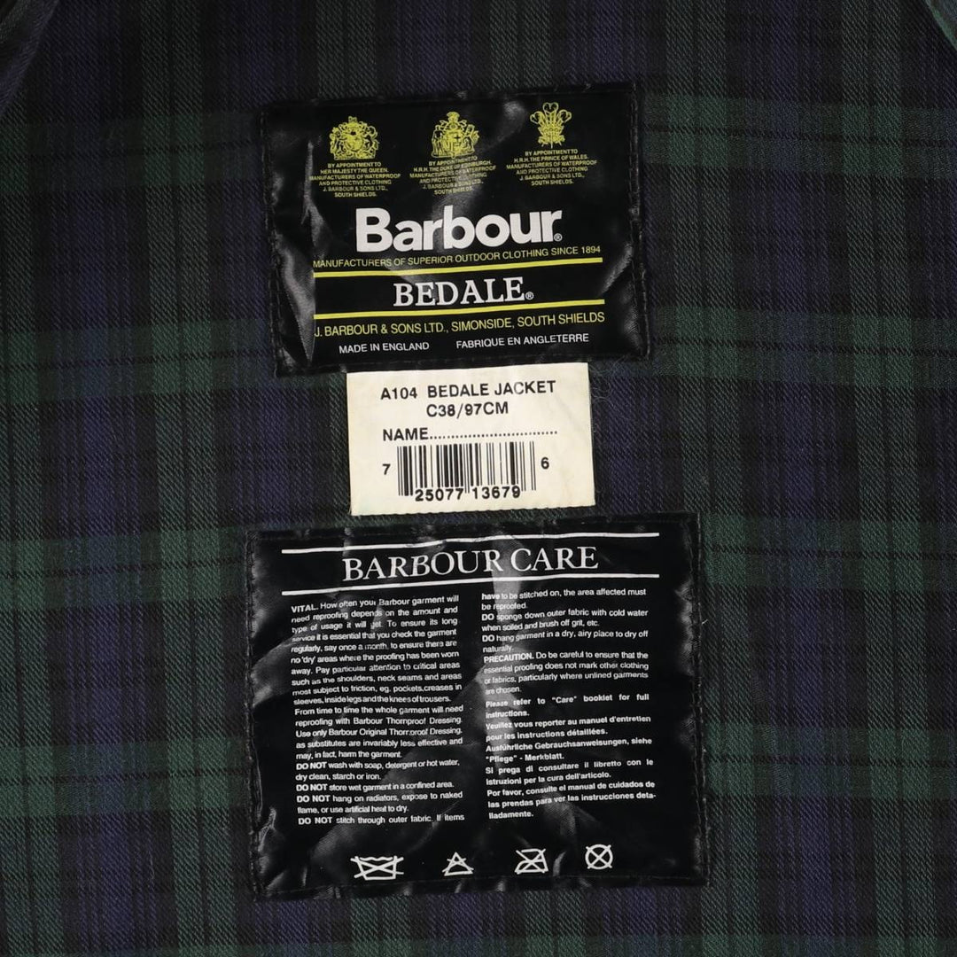 2000'S Barbour BEDALE 3 Warrant Waxed Cotton Oiled Jacket, Made in England, C38, Men's Size M cotton Charcoal Vintage Second Hand