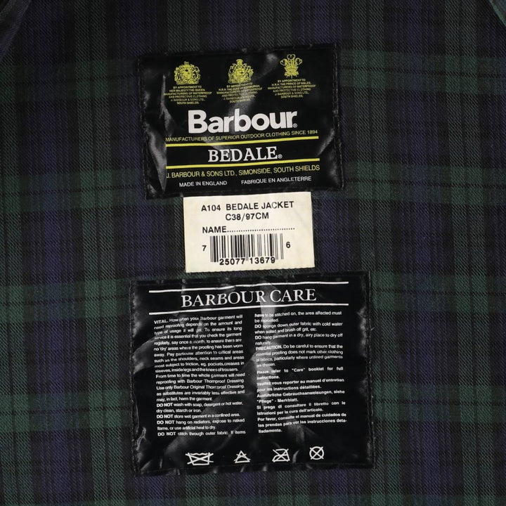 2000'S Barbour BEDALE 3 Warrant Waxed Cotton Oiled Jacket, Made in England, C38, Men's Size M cotton Charcoal Vintage Second Hand