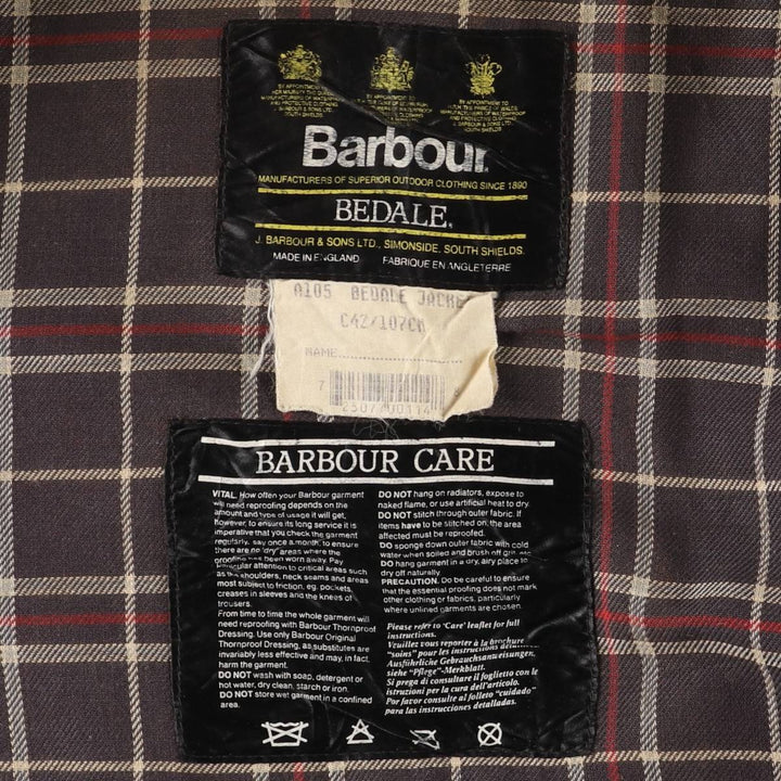 1990'S Barbour Bedale (formerly 3 Warrant) waxed cotton oiled jacket, Made in England, C42, Men's Size L cotton Khaki type Vintage Second Hand