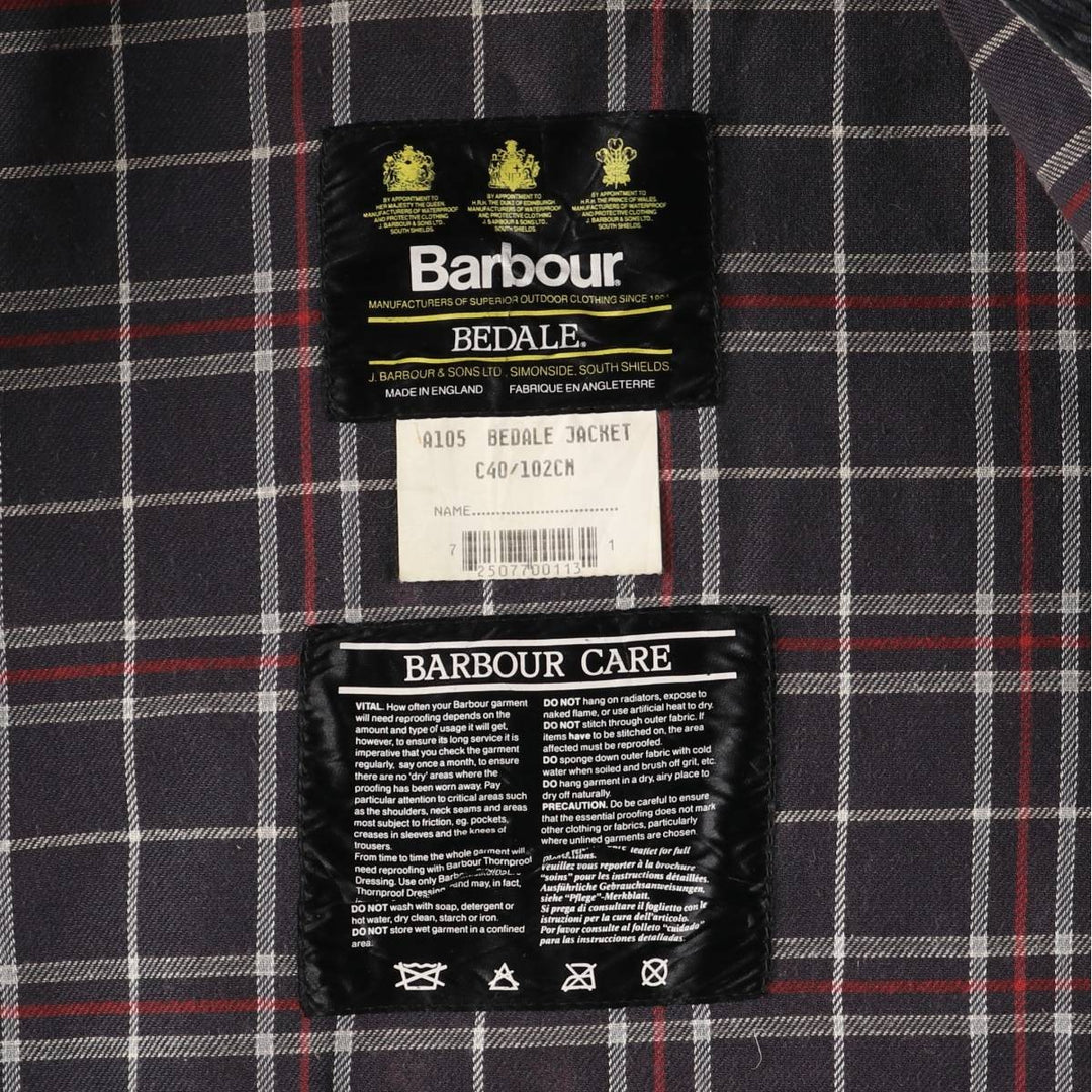 1990'S Barbour Bedale Badged 3 Warrant Waxed Cotton Oiled Jacket, Made in the UK, Size C40, Men's Medium cotton Charcoal Vintage Second Hand