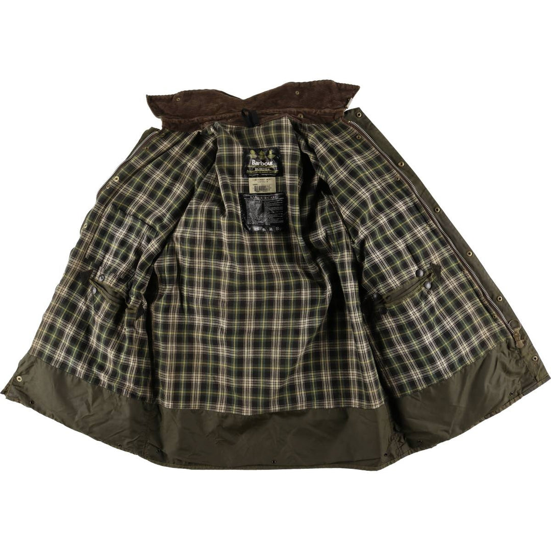 1990'S Barbour Border Waxed Cotton Oiled Jacket with Old 3 Warrant Badge, Made in the UK, Size C44, Men's Size L cotton Khaki type Vintage Second Hand