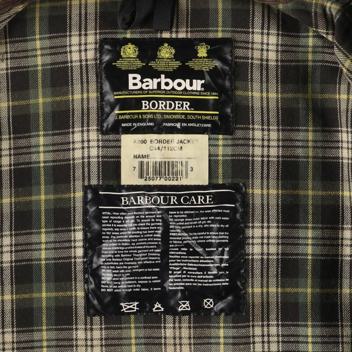 1990'S Barbour Border Waxed Cotton Oiled Jacket with Old 3 Warrant Badge, Made in the UK, Size C44, Men's Size L cotton Khaki type Vintage Second Hand