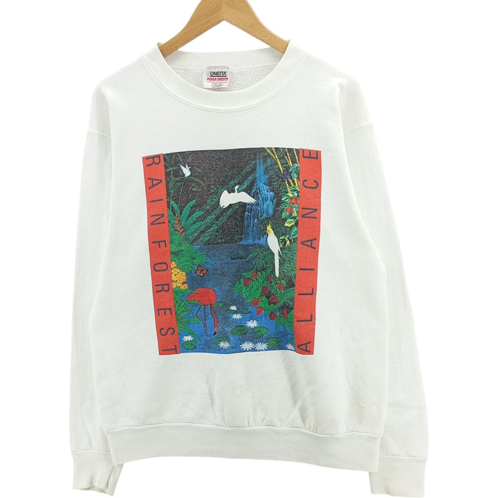 Vintage 90'S ONEITA bird print sweatshirt with animal motif, made in the USA, size L. polyester white type Vintage Second Hand
