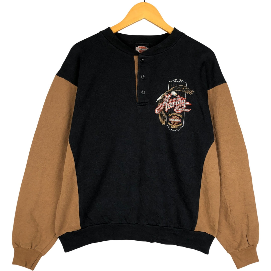 2000'S Harley-Davidson Eagle Print Two-Tone Advertising Henley Sweatshirt, Made in USA, Men's Size L cotton black type Vintage Second Hand