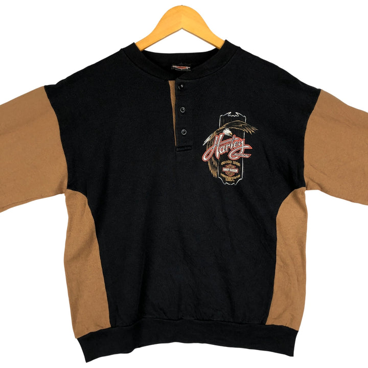 2000'S Harley-Davidson Eagle Print Two-Tone Advertising Henley Sweatshirt, Made in USA, Men's Size L cotton black type Vintage Second Hand