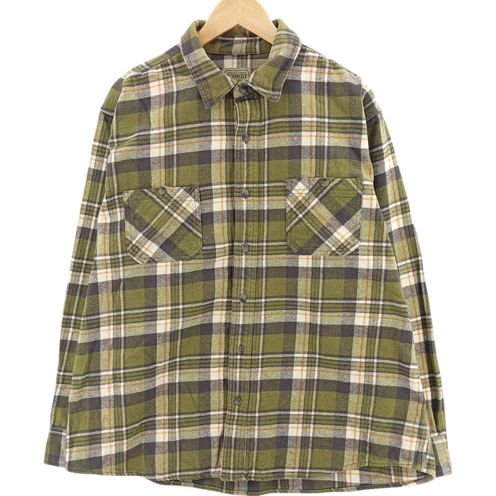 SCHMIDT Long Sleeve Heavy Flannel Check Shirt, Men's XL cotton Khaki type Vintage Second Hand