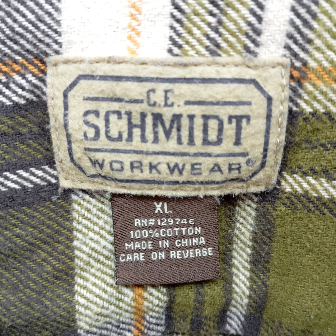 SCHMIDT Long Sleeve Heavy Flannel Check Shirt, Men's XL cotton Khaki type Vintage Second Hand