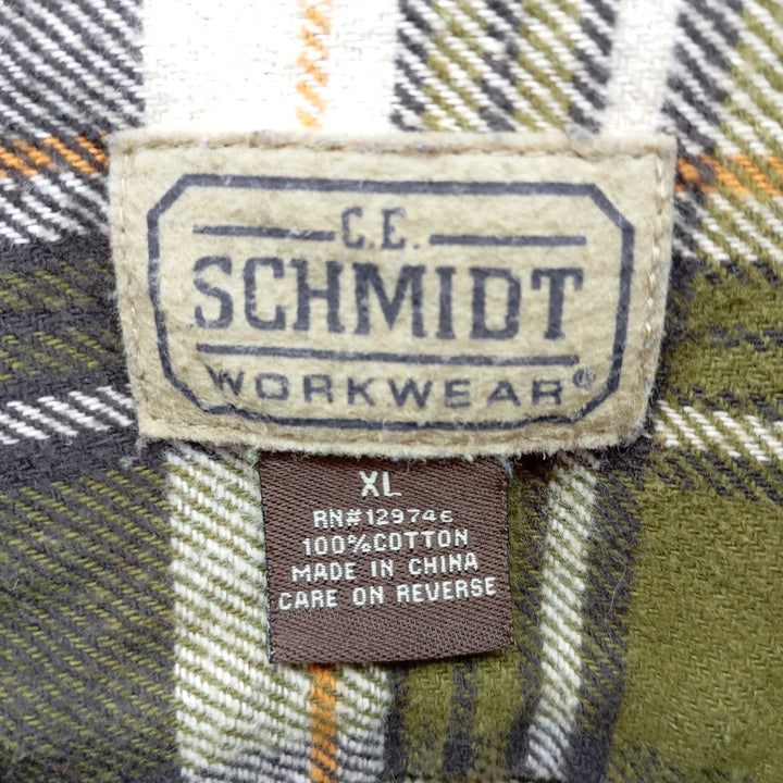 SCHMIDT Long Sleeve Heavy Flannel Check Shirt, Men's XL cotton Khaki type Vintage Second Hand