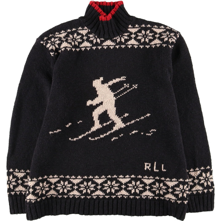 00'S Ralph Lauren Lauren HAND KNIT Hand Knit Nordic Pattern Ski Pattern High Neck Linen x Cotton Knit Sweater Women's L /eaa424316