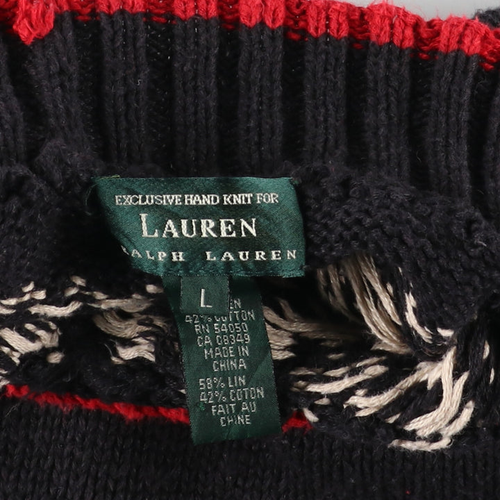 00'S Ralph Lauren Lauren HAND KNIT Hand Knit Nordic Pattern Ski Pattern High Neck Linen x Cotton Knit Sweater Women's L /eaa424316