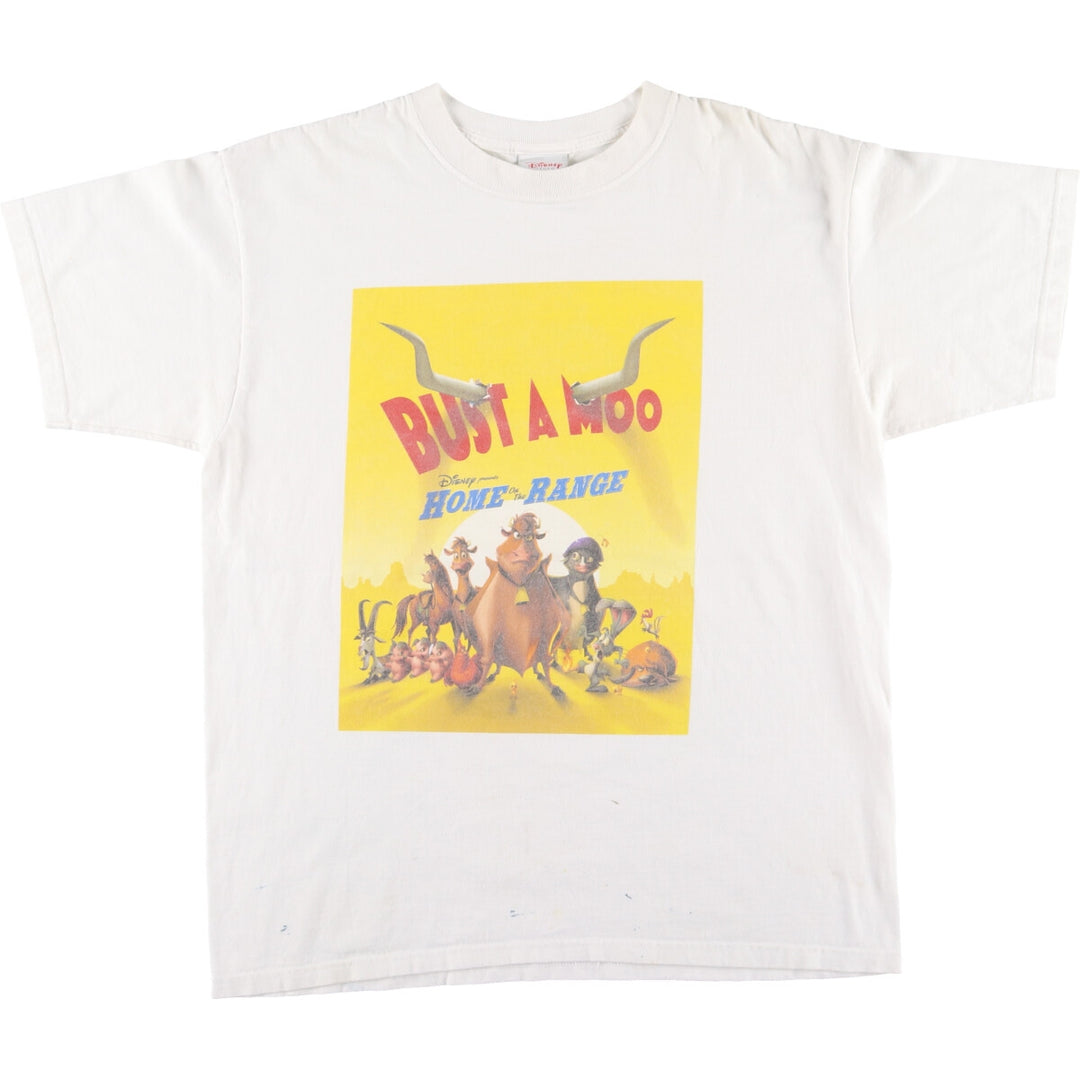 DISNEY STORE HOME ON THE RANGE BUST A MOO Character Print T-Shirt Men's L white type Vintage Second Hand