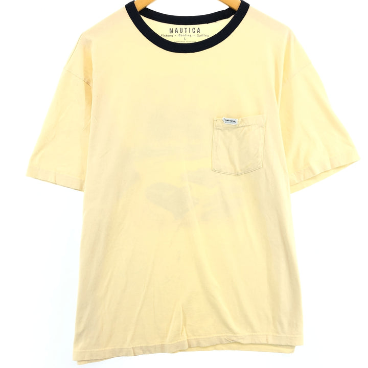 NAUTICA Back Print Short Sleeve Pocket T-Shirt Men's L cotton yellow type Vintage Second Hand