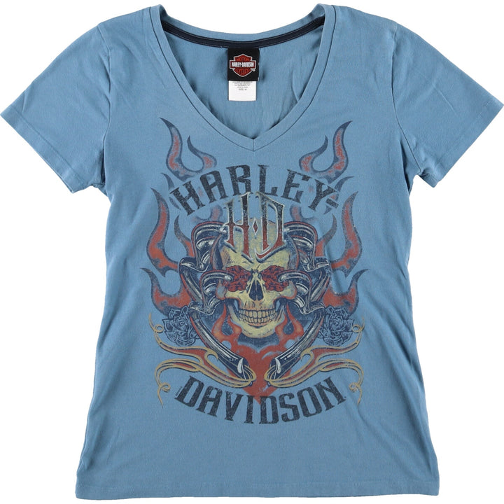 Harley-Davidson Skull Pattern V-neck Motorcycle Bike T-shirt Women's M size / eaa432803