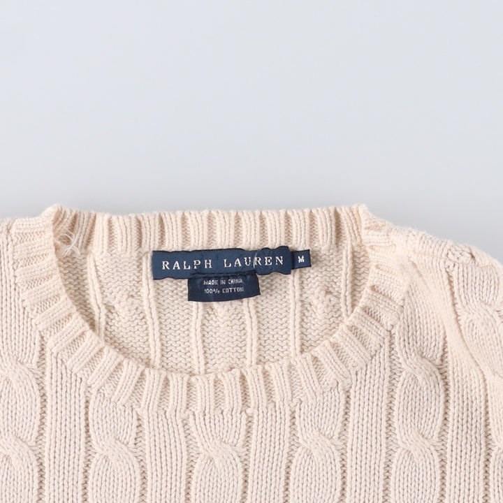 Ralph Lauren Cable Knit Cotton Sweater Women's M Size cotton pale white type Vintage Second Hand