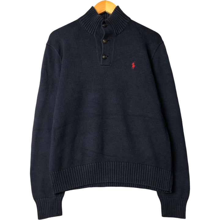 Ralph Lauren POLO RALPH LAUREN cotton knit half-button sweater, men's size M cotton navy blue type Vintage Second Hand