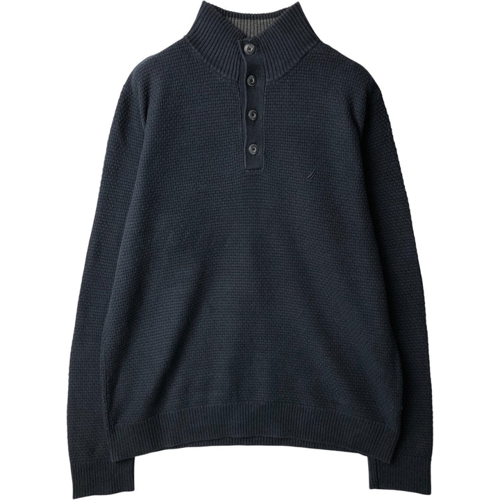 NAUTICA Cotton Knit Half-Button Sweater, Men's Size L cotton navy blue type Vintage Second Hand