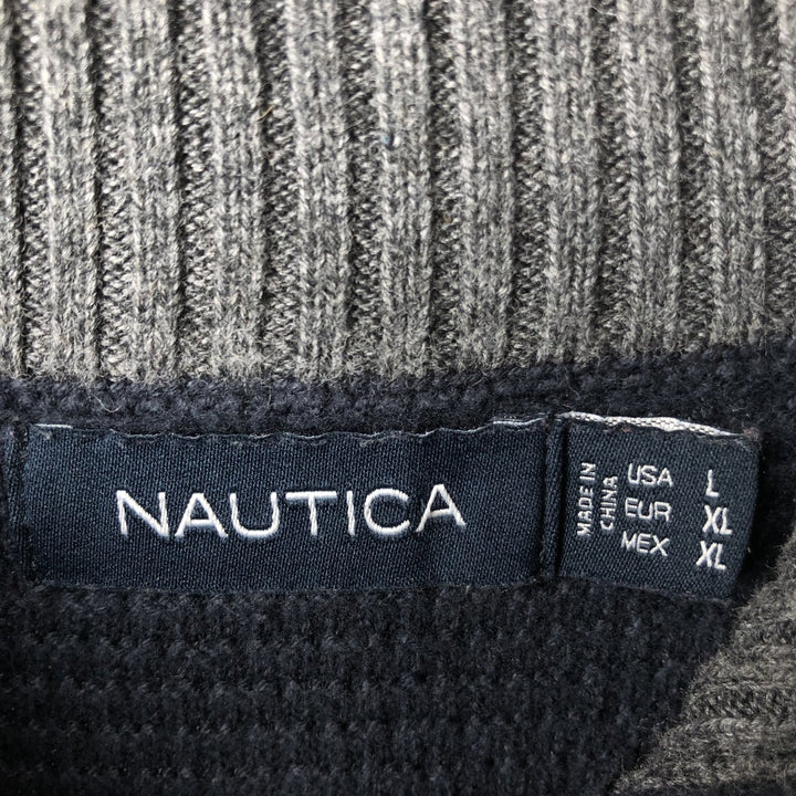 NAUTICA Cotton Knit Half-Button Sweater, Men's Size L cotton navy blue type Vintage Second Hand